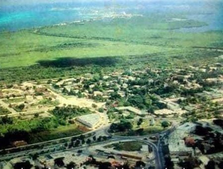 Downtown Cancun in its early years, with the lagoon and the Hotel Zone in the distance